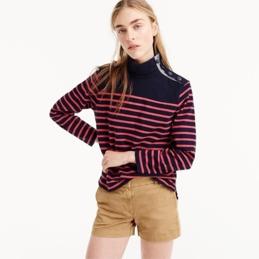 J. Crew Women’s Striped Navy Red Button Shoulder Turtleneck Pullover Medium